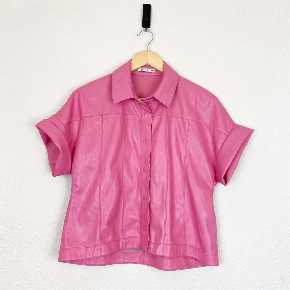 Alice and Olivia Hot Pink Edyth Vegan Leather Crop Top Size S - Picture 7 of 14